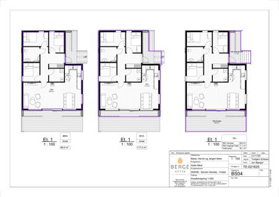 Plantegning av etasjenivå 1 (Et. 1) med tre varianter (BRA, BYA, TBA) som viser romfordeling, areal og utvendige områder.