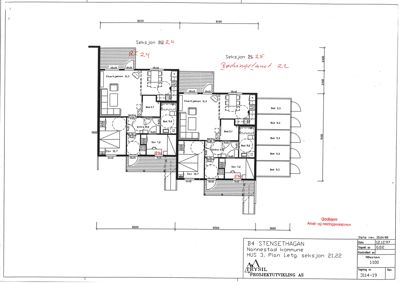 Etasjeplan (bødelagsplan) for etasje 22 i bygningen B4 Stensethagan, som viser romfordeling og dimensjoner for seksjonene 24 og 25.