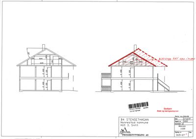 Snittegning av et hus som viser romfordeling, høyder og konstruksjon.