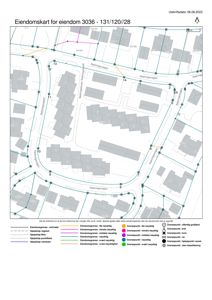 Eiendomskart som viser eiendomsnummer, grenser, naboeiendommer og veier i området.
