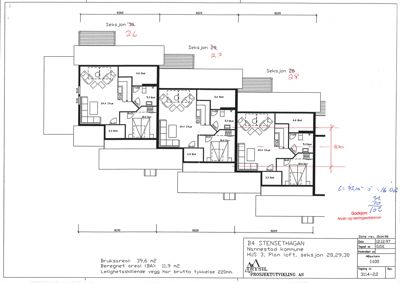 Etasjeplan (loft) for seksjonene 28, 29 og 30 i B4 Stensethagan. Planen viser romfordeling, arealer og veggtykkelse.