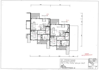 Etasjeplan (2. etasje) for en bygning med to leiligheter (seksjon 26/27 og 28/29), inkludert romfordeling, dører, vinduer og mål.