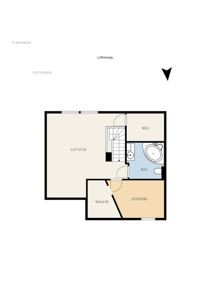 Plantegning av loftetasjen som viser romfordeling (loftstue, bod, bad, soverom, walk-in) og trapp.