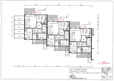 Etasjeplan (1. etasje) for seksjonene 23, 24 og 25 i prosjektet B4 Stensethagan. Planen viser romfordeling, dører, vinduer og mål.