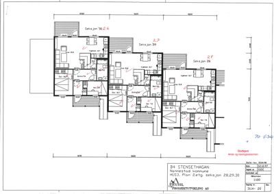 Etasjeplan (2. etasje) for seksjonene 28, 29 og 30 i prosjektet B4 Stensethagan. Planen viser romfordeling, dører, vinduer og mål.