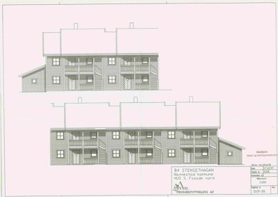 Fasadetegning av en bygning (Hus 3) sett fra nord, med to varianter av fasadeoppsett.