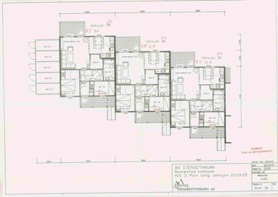 Etasjeplan (1. etasje) for HUS 3 i prosjektet B4 Stensethagan, som viser romfordeling, størrelser og seksjoner.