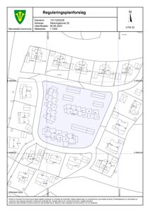 Reguleringsplanforslag som viser eiendomsplanlegging, eiendomsnummer, adresse og nabolag.