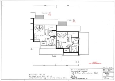 Etasjeplan (loft) for seksjon 26 og 27 i B4 Stensethagan, med romfordeling, mål og arealopplysninger.