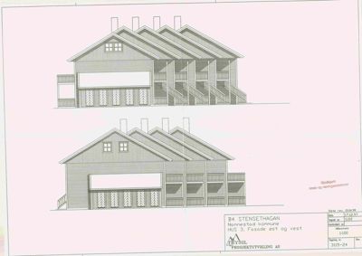 Fasadetegning som viser bygningens utseende fra øst og vest.