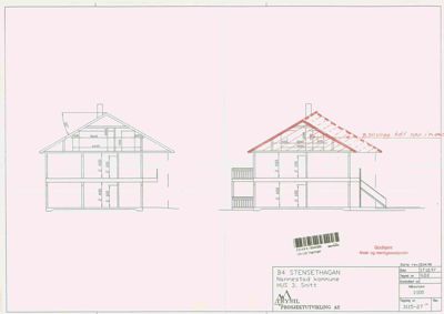 Snittegning av et hus som viser konstruksjonen gjennom etasjene og taket.