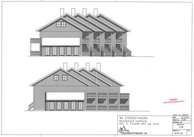 Fasadetegning som viser bygningens utseende sett fra øst og vest.
