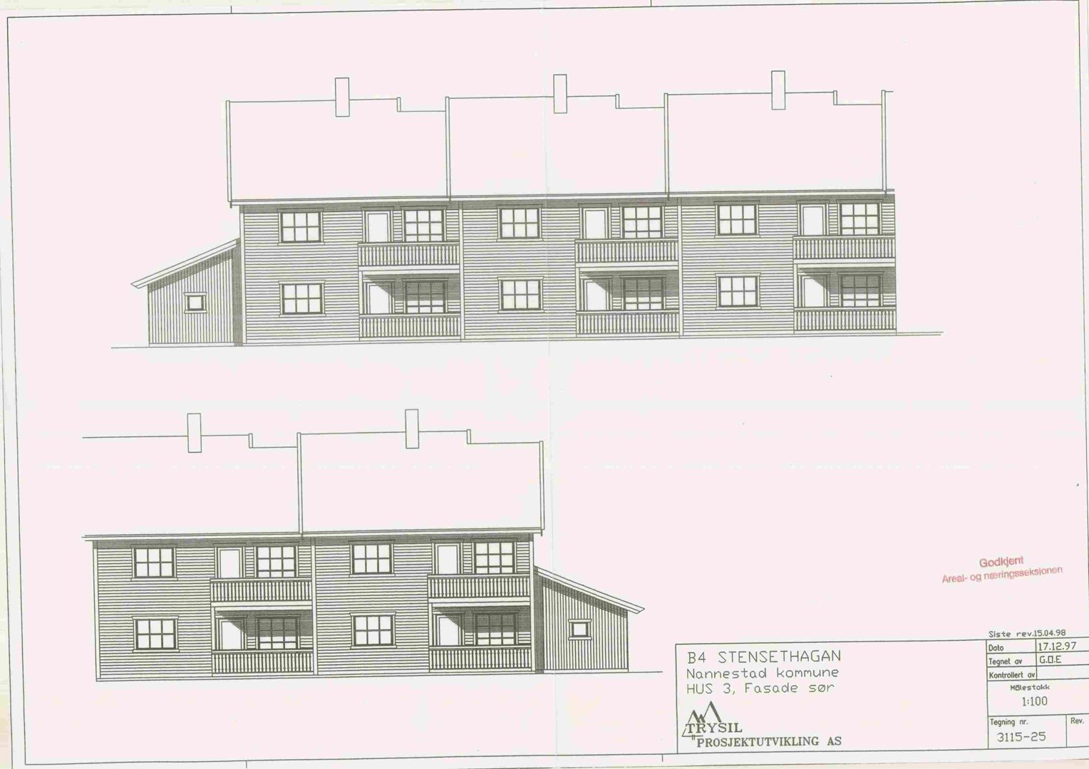 Fasadetegning som viser bygningens utseende sett fra sør.