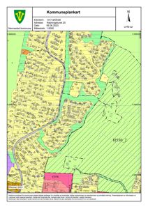 Kommuneplankart som viser eiendomsgrenser, arealbruk og reguleringer for eiendommen Rødvingsgaten 25 i Nannestad.