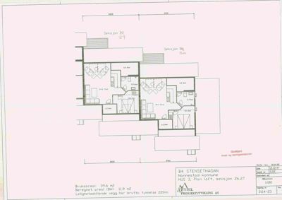 Plantegning av etasjen 26/27 i HUS 3 på Stensethagården, som viser romfordeling, arealer og veggtykkelse.
