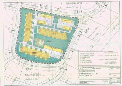 Situasjonsplan som viser tomtens form, plassering i forhold til nabolag (felt B4 og B5d), veier, parkeringsplasser og vannkummer.