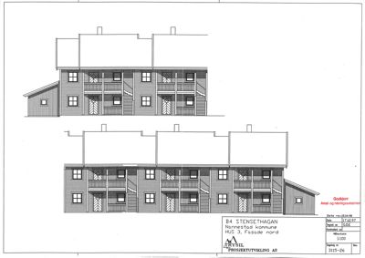 Fasadetegning som viser bygningens utseende sett fra nord (HUS 3, Fasad nord).