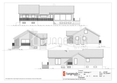 Fasadetegning som viser bygningens utsyn fra fire ulike vinkler (for, bak, venstre og høyre side).