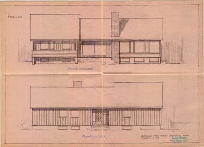 Tegning som viser to ulike fasadealternativer (med vest og med øst) for en bolig.