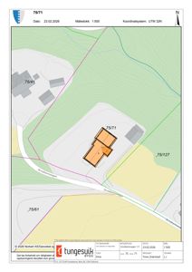 Situasjonsplan som viser eiendomsnummer 75/71, bygningens plassering, naboeiendommer (75/41, 75/127, 75/61), veier (Grindheimvegen) og topografi.