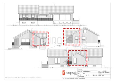 Fasadetegning som viser bygningens utsyn fra tre ulike vinkler (for, side og bak).