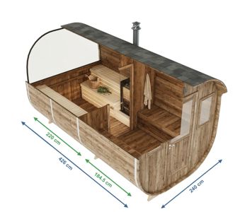 3D-visualisering av en hytte med snitt for å vise innvendig opplegg og mål.