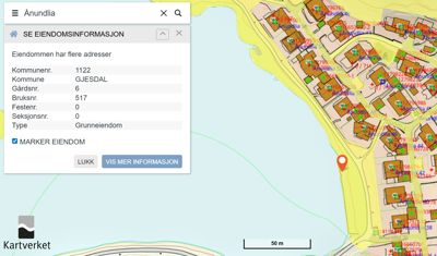 Et digitalt kart (fra Kartverket) som viser eiendomsinformasjon for en grunneiendom i Gjesdal kommune, inkludert naboeiendommer og topografi.