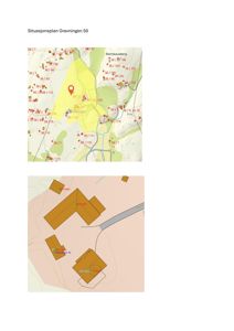 Situasjonsplan for Gråvningen 50 som viser to kartutsnitt: øverst et topografisk kart med punkteringsdata, og nederst en tegning med bygningers plassering og form.