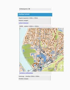 Kart over et område med trafikkulykker (NVDB) og nabolag, inkludert gater, parker og skoler.