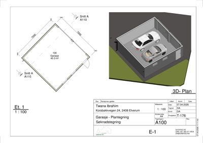 Etasjeplan (Et. 1) av en garasje med romareal og dimensjoner, kombinert med en 3D-visualisering av samme objekt.