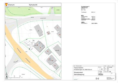Situasjonsplan (tomtekart) som viser tomtens grenser, nabotomter, veier og bygningers plassering.