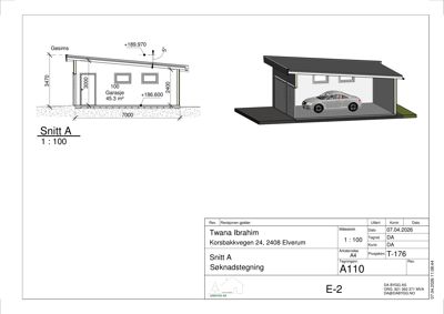 Snittegning (Snitt A) av en garasje med mål og en 3D-visualisering av fasaden sett fra snittlinjen.