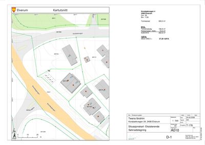 Situasjonsplan som viser tomt, bygninger, veier og arealdata for et byggeprosjekt.