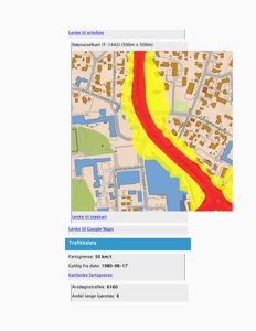 Kart med støyvarselskart (T-1442) og trafikkdata for et område.