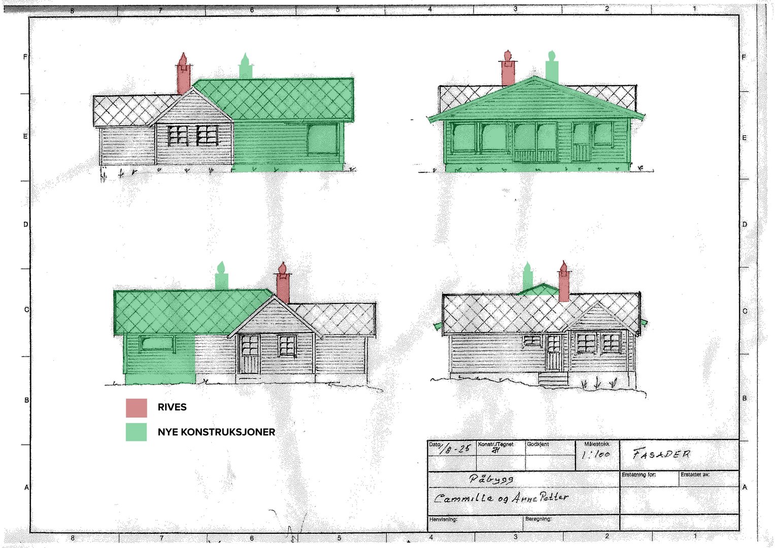 Fasadetegning som viser fire ulike vinkler på en bygning, med fargekoding for riving og nye konstruksjoner.