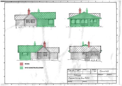 Fasadetegning som viser fire ulike vinkler på en bygning, med fargekoding for riving og nye konstruksjoner.