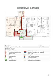 Brannplan for 1. etasje med romfordeling, utgangspunkter og brannveggmarkeringer.