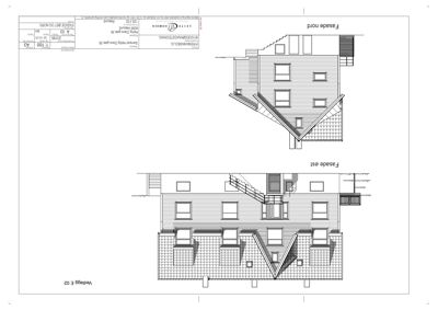 Fasadetegning som viser bygningens utseende sett fra nord og øst.