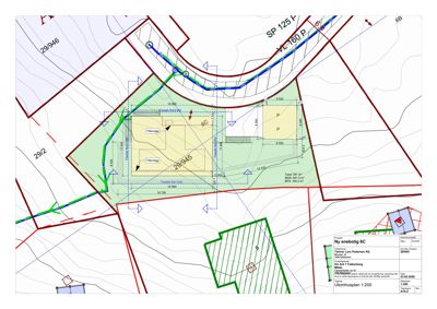 Situasjonsplan (tomteplan) som viser tomtens grenser, høydemål, nabotomter og plassering av ny enebolig.