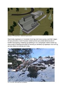 Bildet viser en fotodokumentasjon av et område med snø, trær og stein. Det er merket med pil og tekstbokser som peker på spesifikke furutrær ('Furu tre 1', 'Furu tre 2' osv.) som skal fjernes ifølge teksten under. Bildet fungerer som bevis for den opprinnelige vegetasjonen.