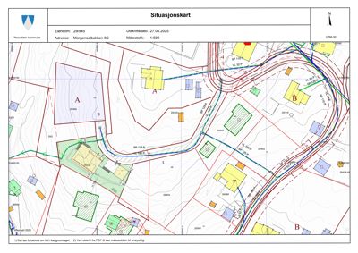 Situasjonskart som viser eiendomsnummer, adresse, nabolag, topografi og infrastruktur.