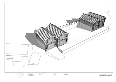 3D-visualisering av to hus sett fra en vinkel som viser både fasade og deler av taket.