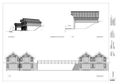 Bildet viser fasadetegninger for en bygning, inkludert et perspektiv fra syd-vest og to fasadeutganger (syd og vest).