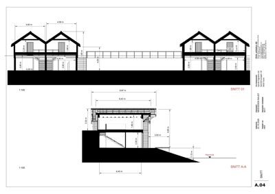 Snittegning (SNITT 01 og SNITT A-A) som viser tverrsnittet av bygningen med mål og konstruksjonsdetaljer.