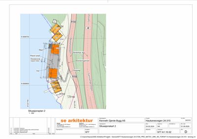 Situasjonsplan som viser tomtens plassering i forhold til nabolag, eiendomsgrenser, høydeforhold og planlagt bebyggelse.