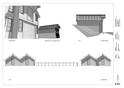 Bildet viser en tegning med fasadetegninger for en bygning, inkludert perspektiv, fasade nord og fasade øst.