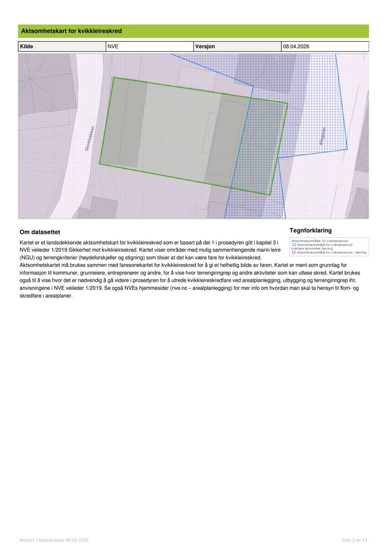 Et landsdekkende aktsomhetskart for kvikkleireskred med overlag av et grønt rektangel som markerer et område.