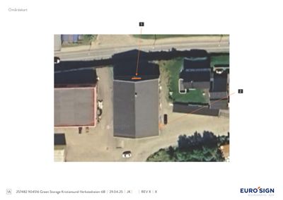 Satellittbilde (Google Maps) som viser tomt og omgivende bygninger, merket som 'Områdekart'.