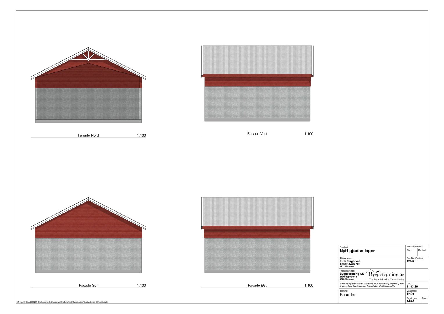 Fasadetegning som viser fire utsnitt av bygningens fasader (Nord, Vest, Sør, Øst) med skråning og materialvalg.