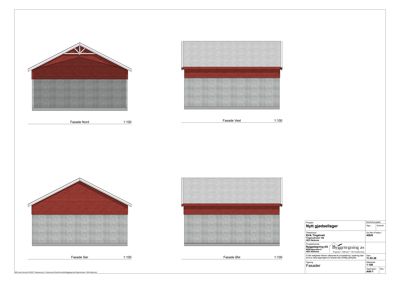 Fasadetegning som viser fire utsnitt av bygningens fasader (Nord, Vest, Sør, Øst) med skråning og materialvalg.